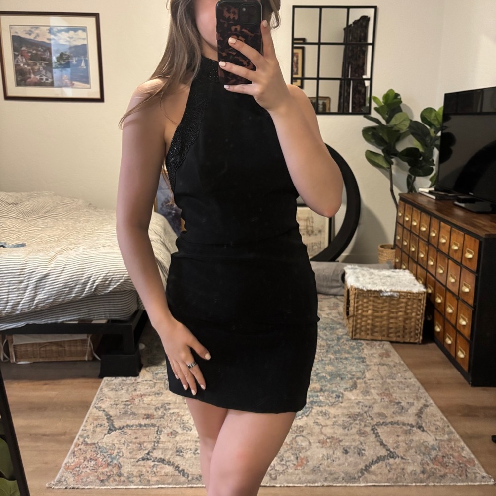 Vintage beaded backless halter mini dress, LBD little black dress - Picture 2 of 16